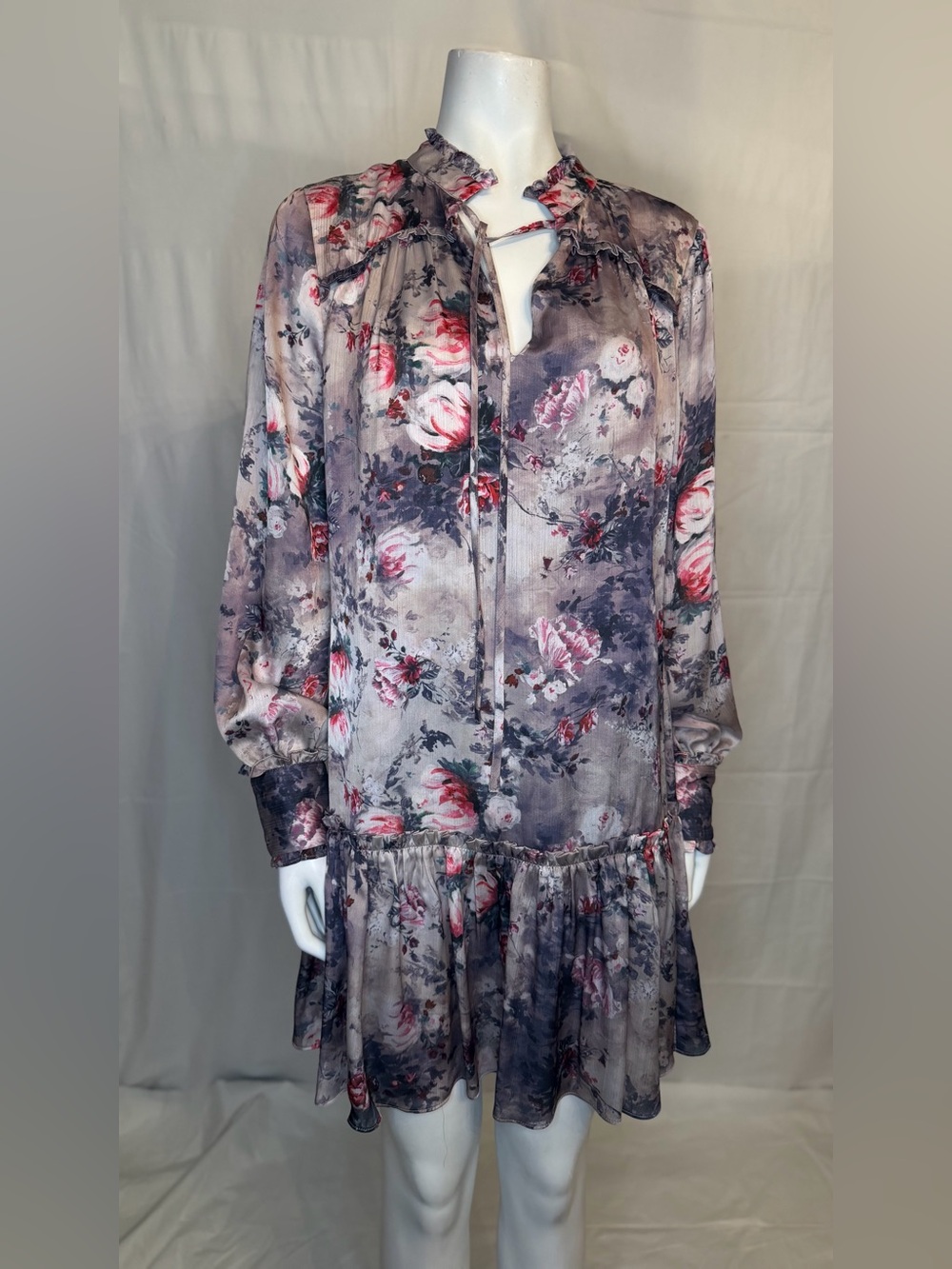 Marchesa Floral Long Sleeve Ruffle-Hem Mini Dress in Mauve and Pink